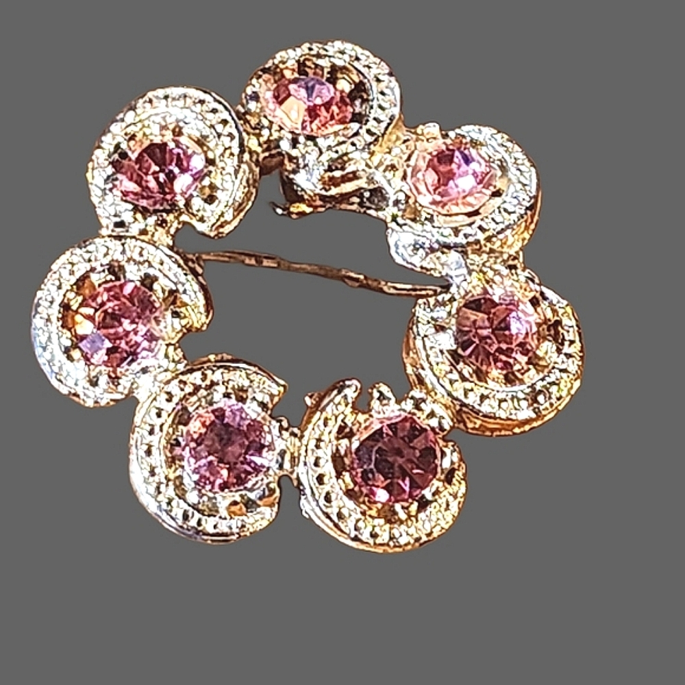Vintage Pink Rhinestone Crescent Wreath Pin